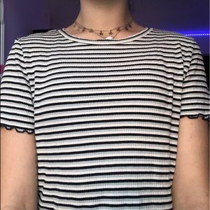 American Eagle Blue & Black Striped Ruffle Shirt